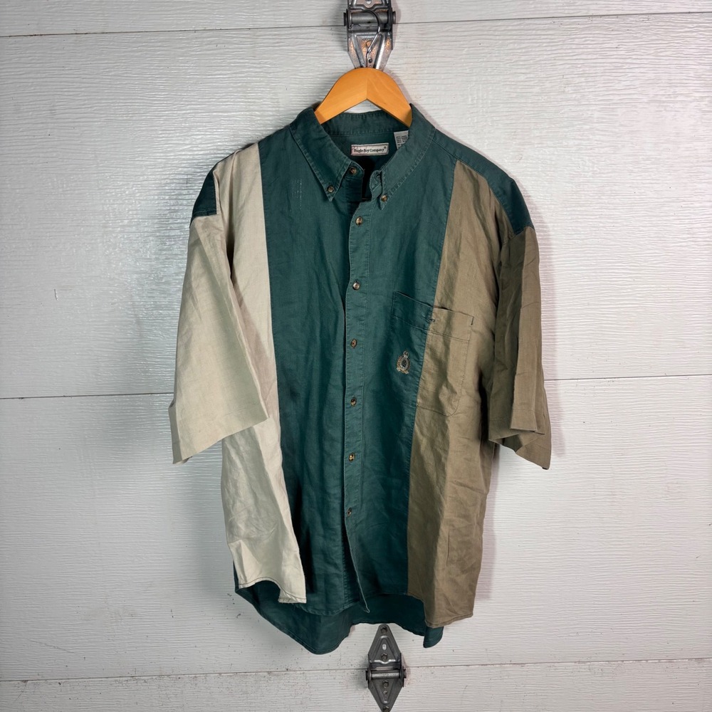 Vintage Bugle Boy Colorblock Shirt Y2K XXL Teal Tan 90s Ramie Cotton